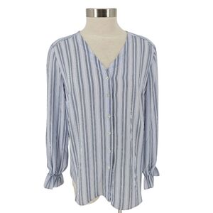 T Tahari Shirt Blue Stripe Long Sleeve Button Up V Neck Blouse Top Medium